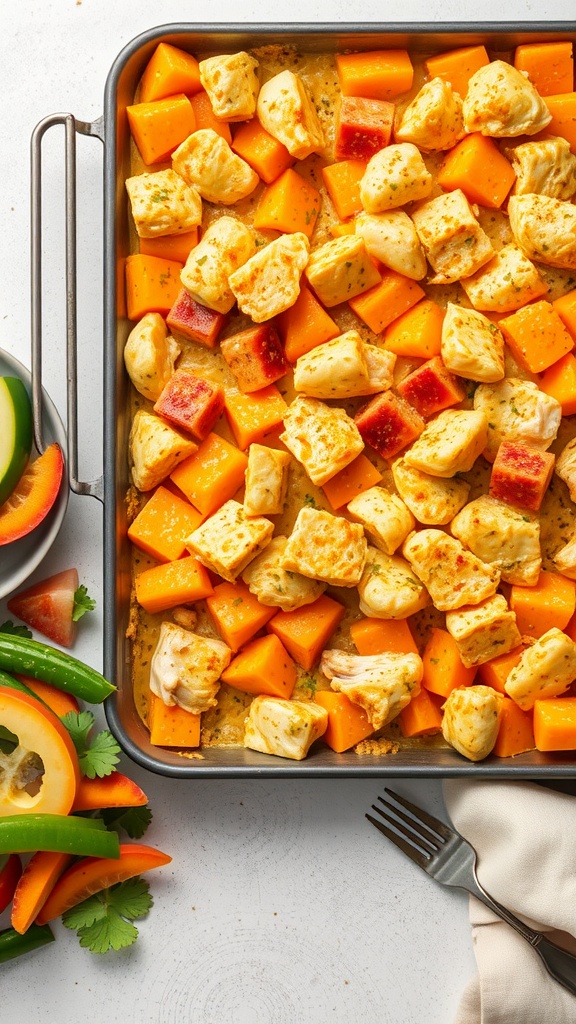A delicious chicken and sweet potato casserole in a baking dish, surrounded by fresh vegetables.