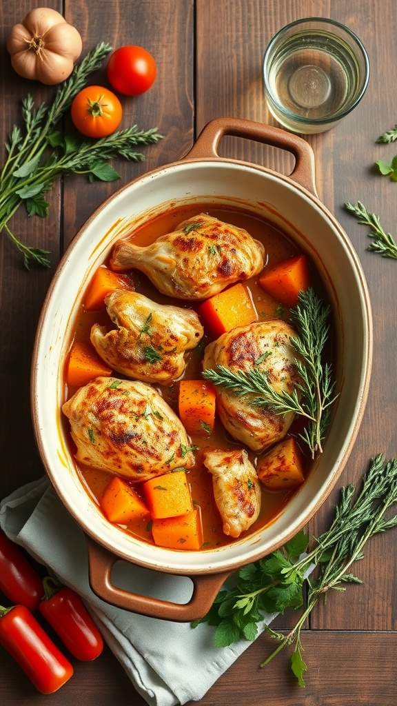 A delicious chicken and sweet potato casserole with drumsticks and vibrant orange sweet potatoes, garnished with fresh herbs, on a wooden table.