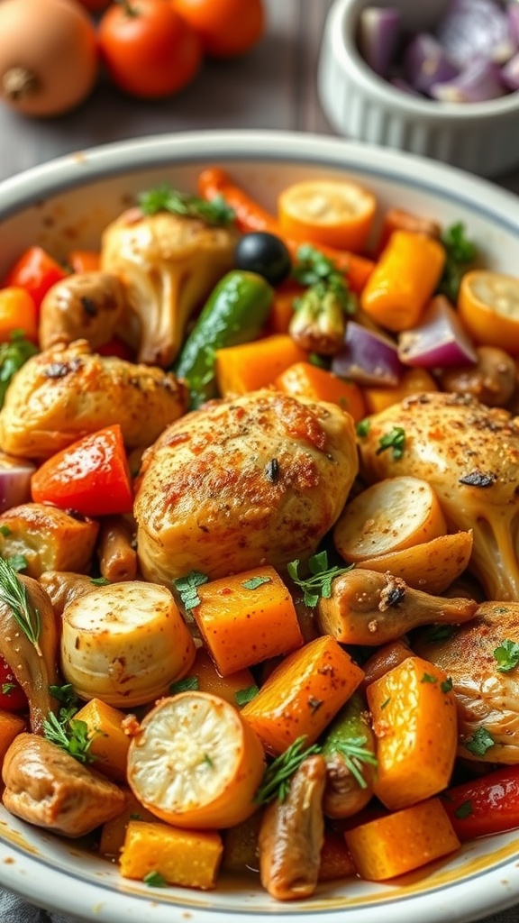 A delicious chicken and vegetable casserole filled with colorful vegetables and seasoned chicken.
