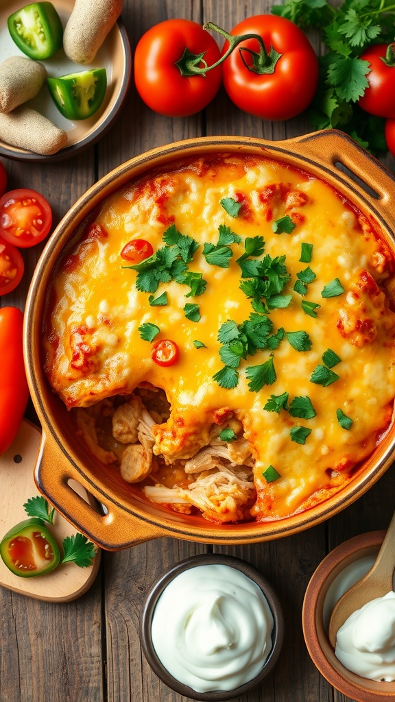 A delicious Chicken Enchilada Casserole served with fresh ingredients.
