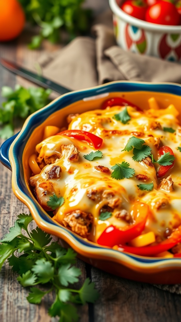 A delicious chicken fajita casserole topped with cheese, cilantro, and colorful bell peppers in a vibrant dish.