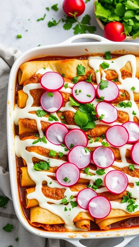 A dish of chicken mole enchiladas topped with radishes and cilantro
