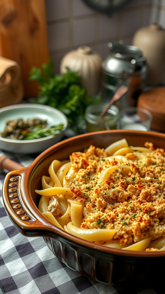 A close-up view of a delicious chicken noodle casserole in a brown dish, topped with golden breadcrumbs, set on a checkered tablecloth.