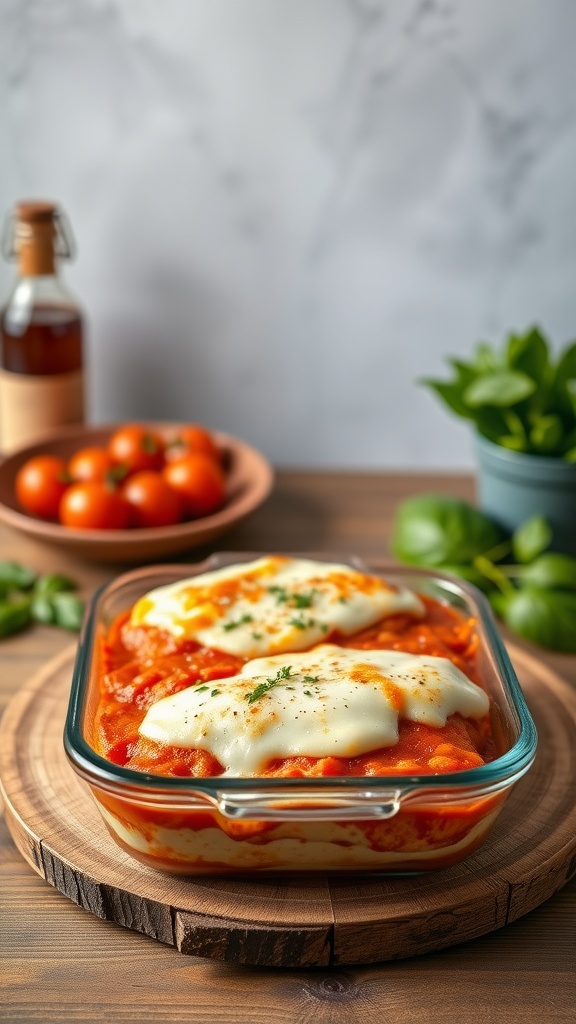 A delicious chicken parmesan casserole dish topped with melted cheese and garnished with parsley.