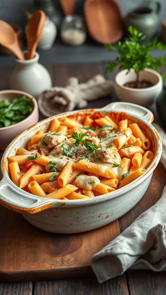 A chicken pasta bake casserole with cheese and herbs in a dish on a wooden board.