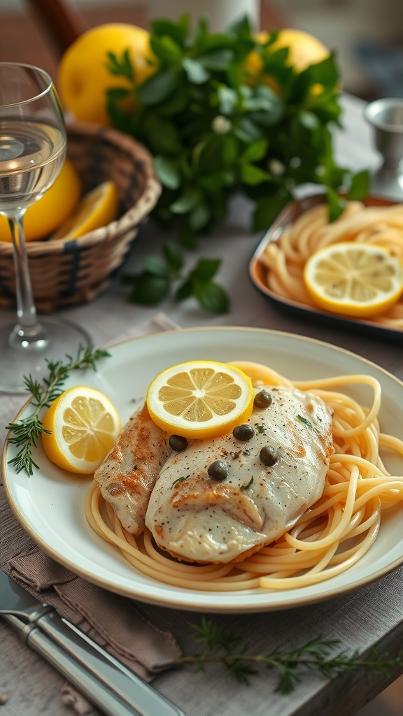 A plate of Chicken Piccata served with spaghetti, garnished with lemon slices and capers, with a glass of white wine and lemons in the background.