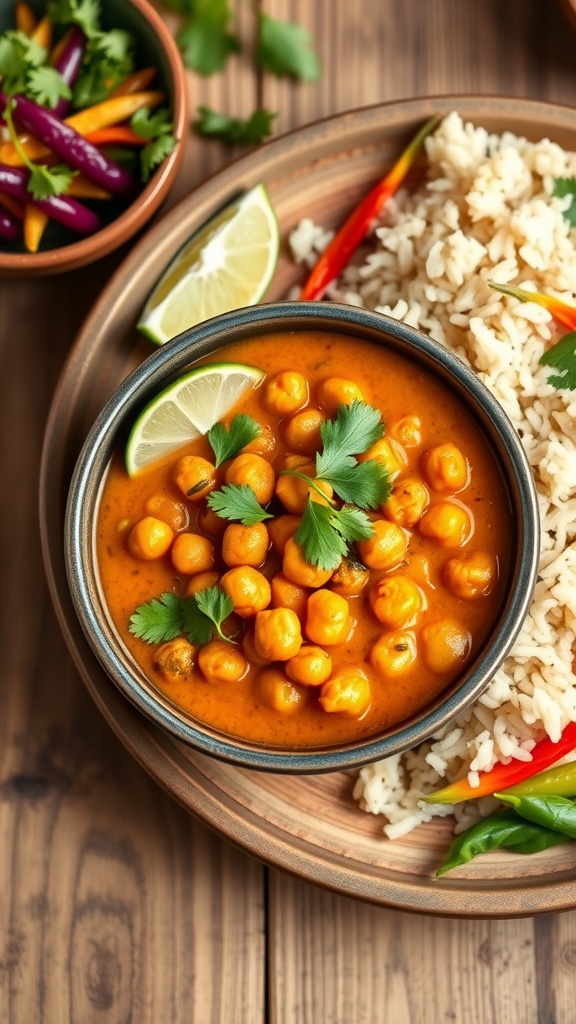 A bowl of chickpea curry with coconut milk served with rice, garnished with cilantro and lime.