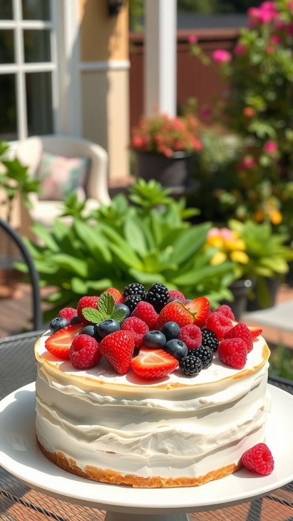 A chiffon cake topped with fresh strawberries, raspberries, blueberries, and blackberries, displayed outdoors.