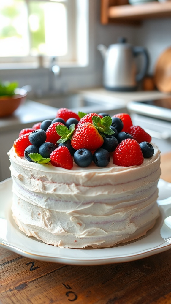 A chiffon cake topped with strawberries, blueberries, and mint leaves on a white plate.