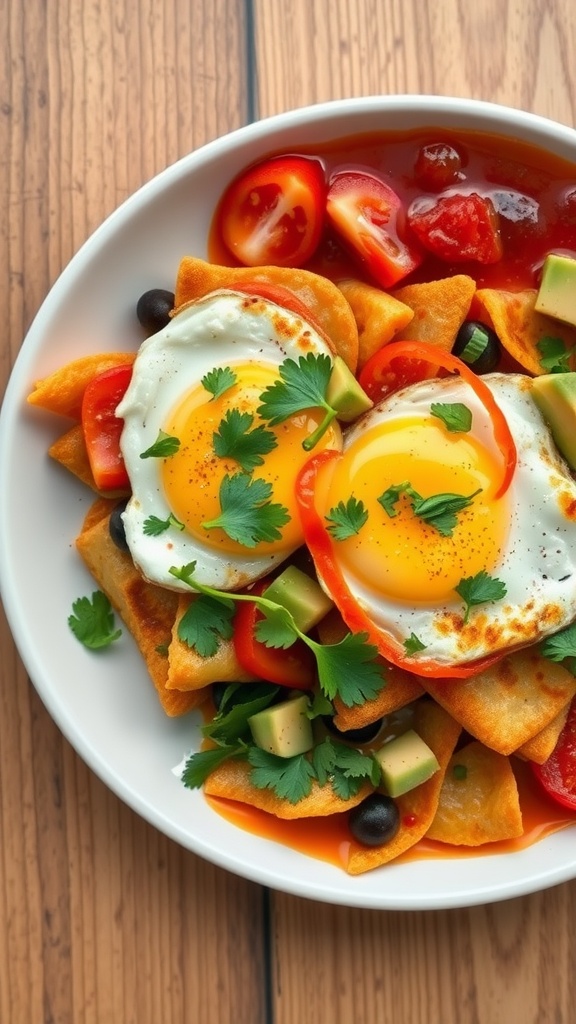 A close-up of chilaquiles topped with fried eggs, tomatoes, avocado, and cilantro on a wooden table.