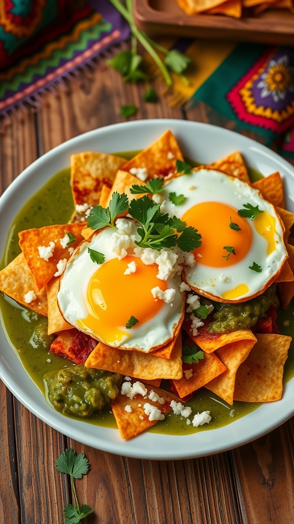 Chilaquiles with fried eggs, green salsa, topped with queso fresco and cilantro on a rustic table.