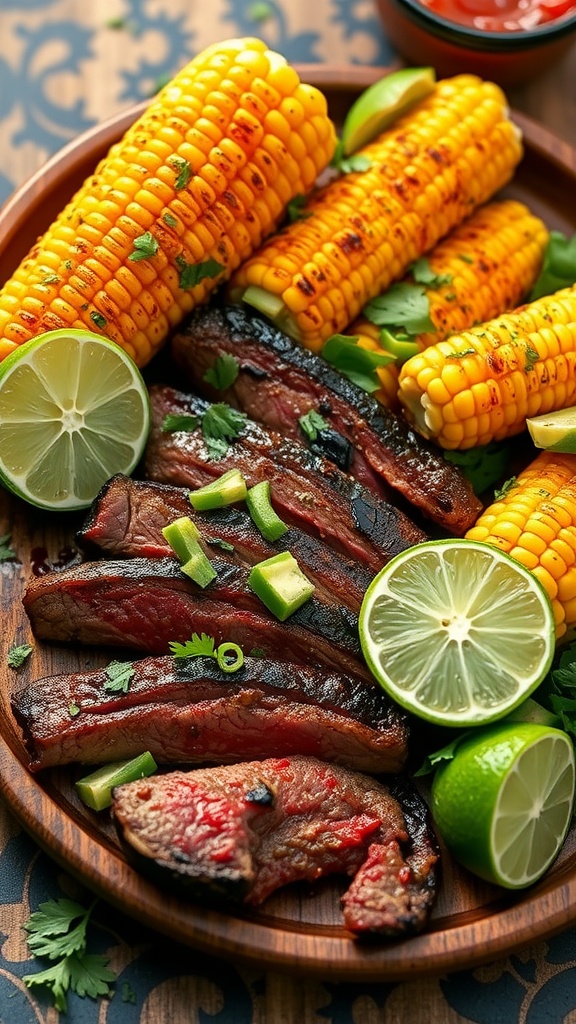 Chili-lime grilled skirt steak with corn on the cob and lime wedges