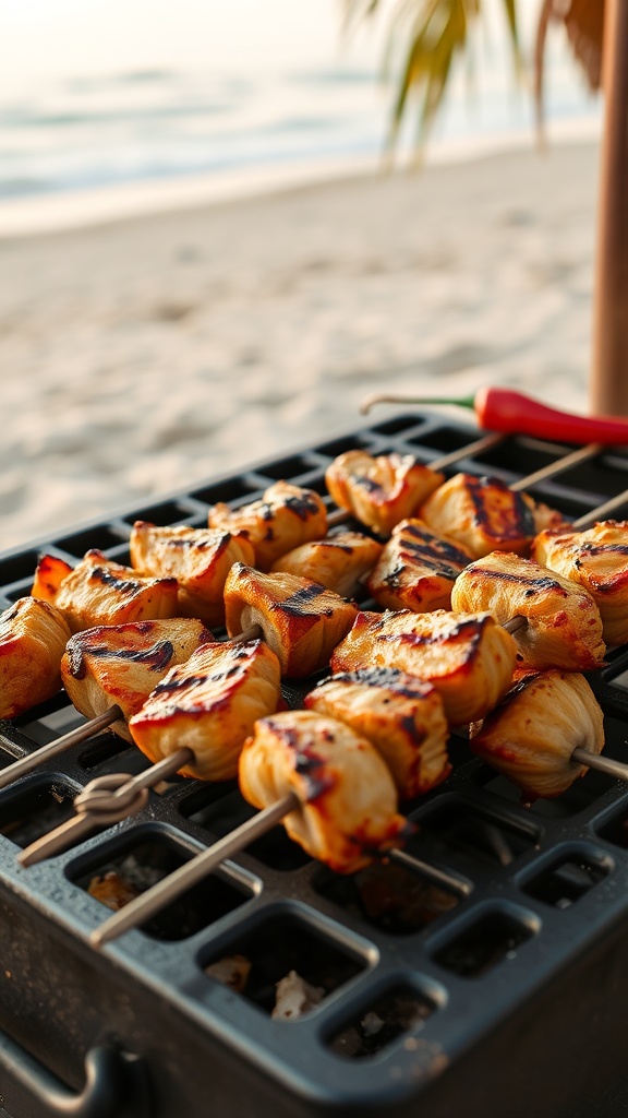 Grilled chicken skewers on a barbecue grill at the beach