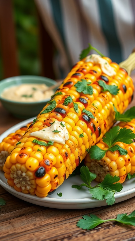 Grilled corn on the cob topped with butter and cilantro