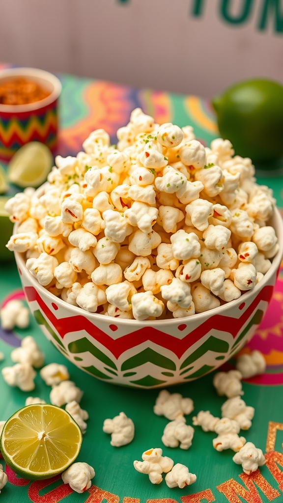 A colorful bowl filled with chili lime popcorn, surrounded by lime wedges on a vibrant table.