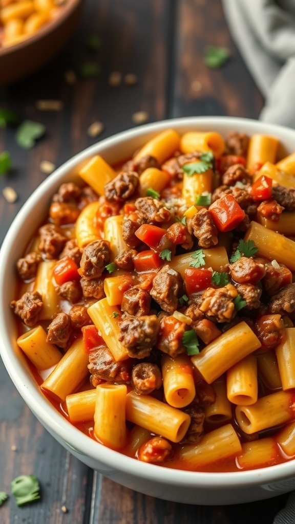 A bowl of chili mac with ground beef, pasta, and colorful peppers.