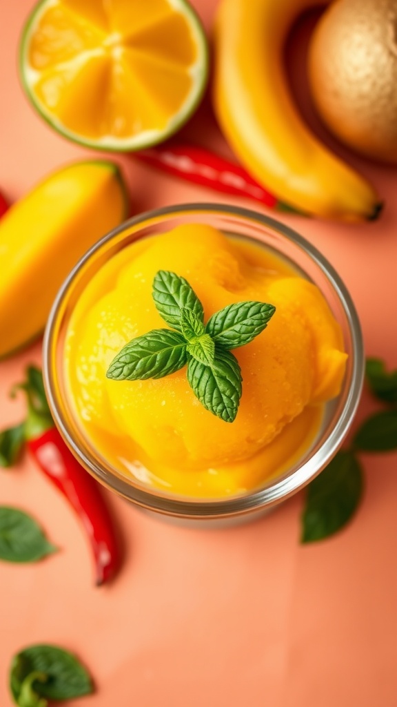 A vibrant chili mango sorbet topped with mint leaves, surrounded by fresh mango, lime, and chili peppers.