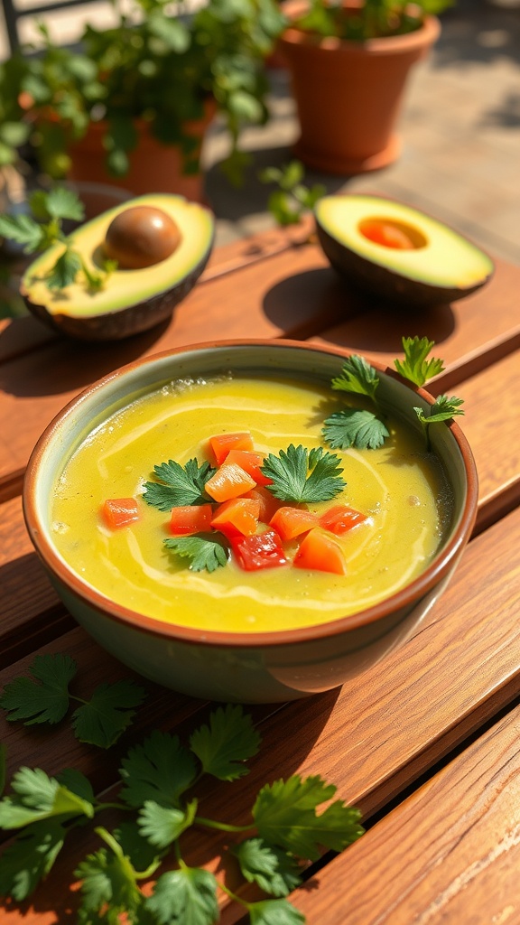 A bowl of chilled avocado soup garnished with tomatoes and cilantro, surrounded by fresh avocados.