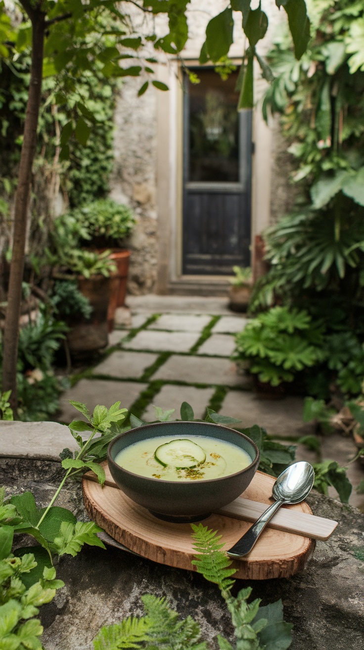A bowl of chilled cucumber soup garnished with cucumber slices and a sprig of mint, surrounded by greenery.
