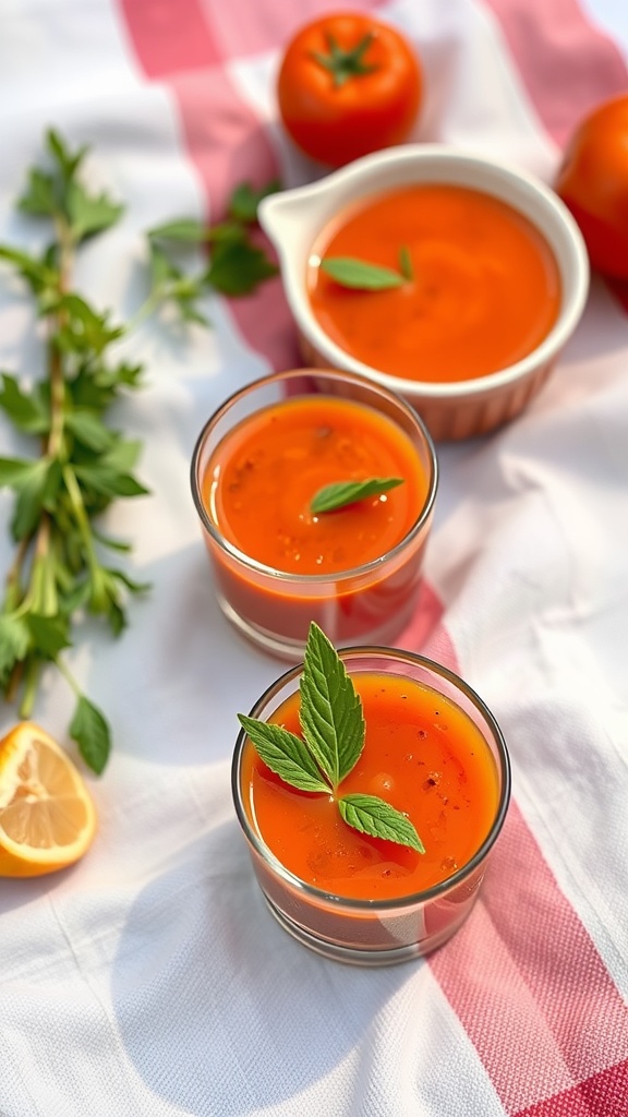 Chilled gazpacho shots served in glasses with tomatoes and herbs on a picnic blanket.