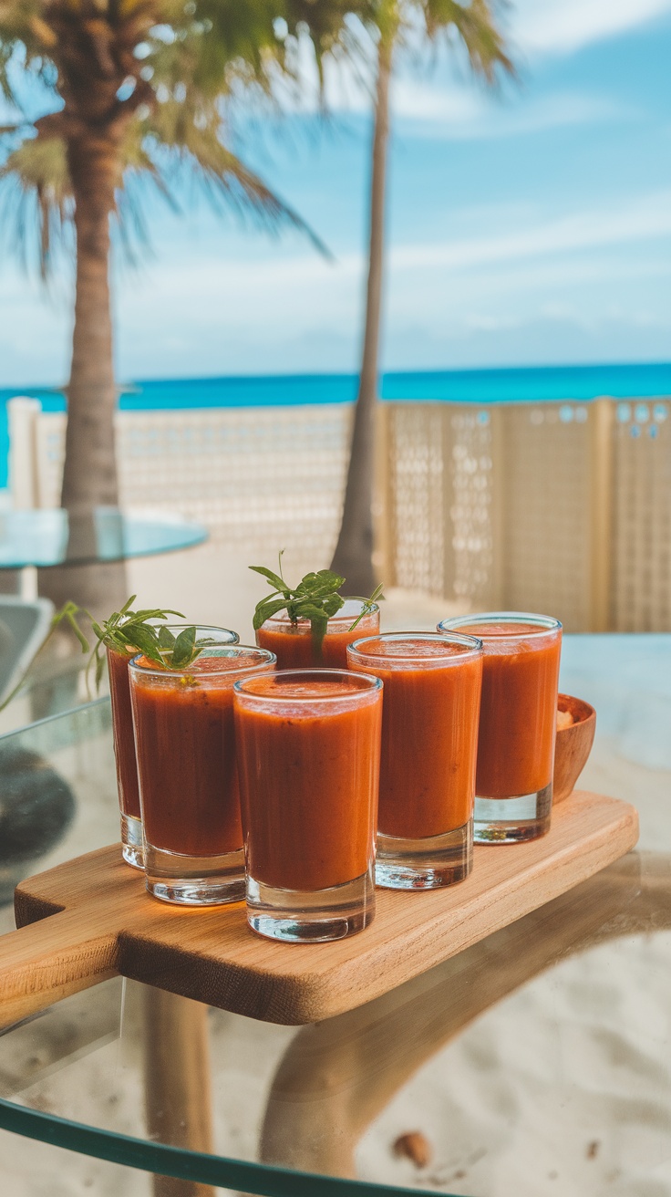 Two chilled gazpacho shots on a table with tomatoes and lime, beach in the background