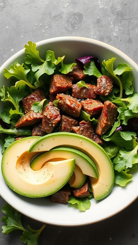 A bowl of Chipotle-Lime Steak Salad with greens, steak pieces, and avocado slices.