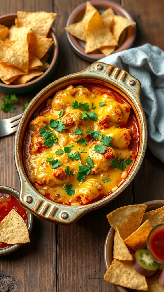 A delicious Chipotle Chicken Casserole topped with melted cheese and cilantro, surrounded by tortilla chips and salsa.