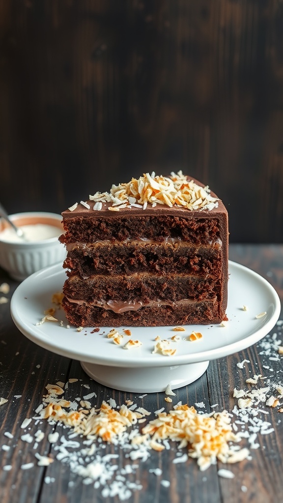 A slice of Choco-Coconut Layer Cake on a white plate, topped with toasted coconut and surrounded by cake crumbs.