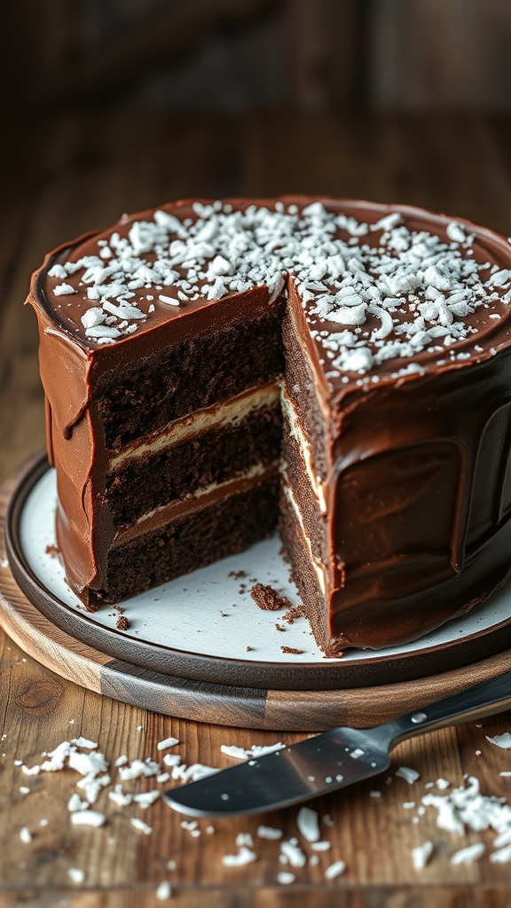 A chocolate layer cake with a slice taken out, topped with shredded coconut.