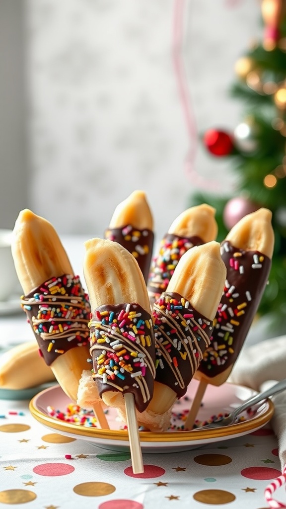 Chocolate-dipped bananas with colorful sprinkles on sticks
