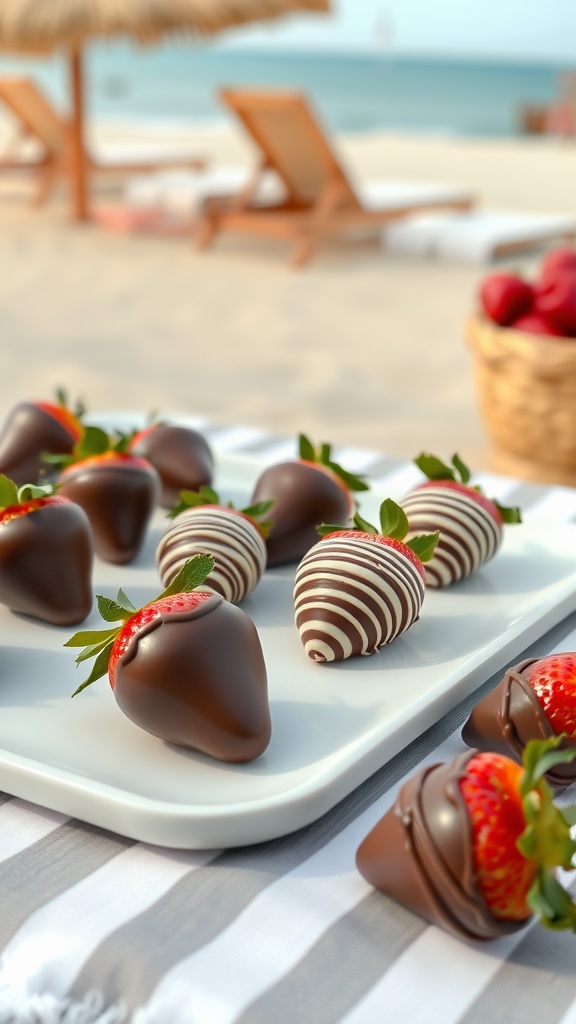 A plate of chocolate-dipped strawberries on a beach setting with sun loungers in the background.