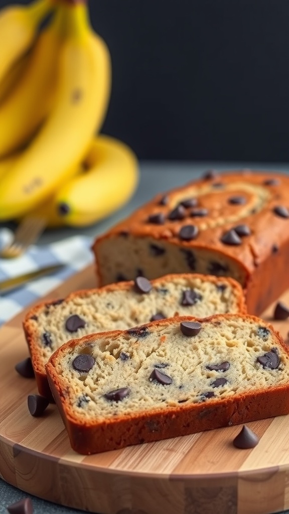 A loaf of chocolate chip banana bread sliced on a wooden board with bananas in the background
