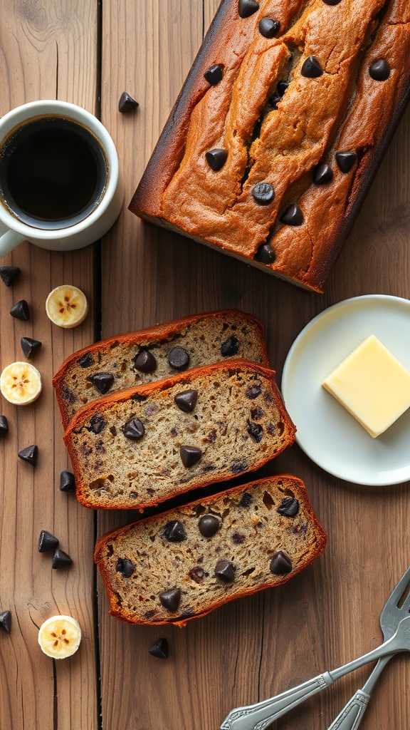 A loaf of chocolate chip banana bread with slices laid out, coffee cup, butter, and banana on a wooden table.