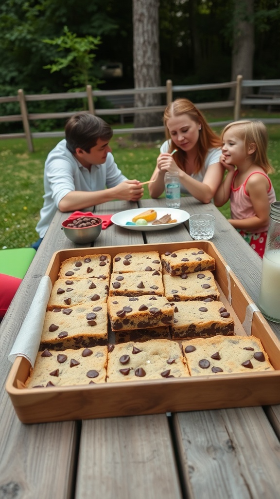 A tray of chocolate chip cookie bars on a picnic table with a family enjoying a meal nearby.