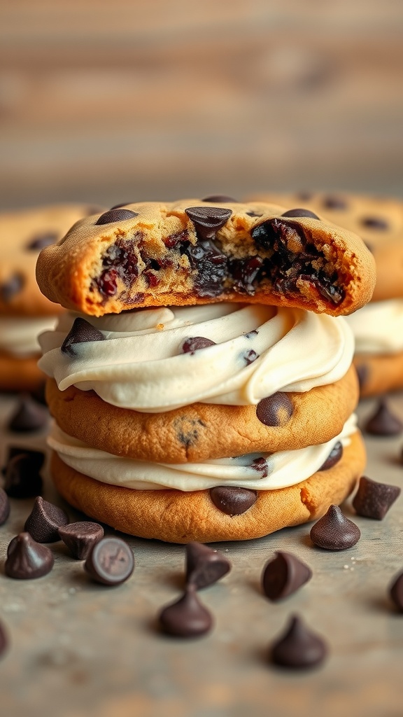 Chocolate chip cookie sandwiches stacked with frosting in between