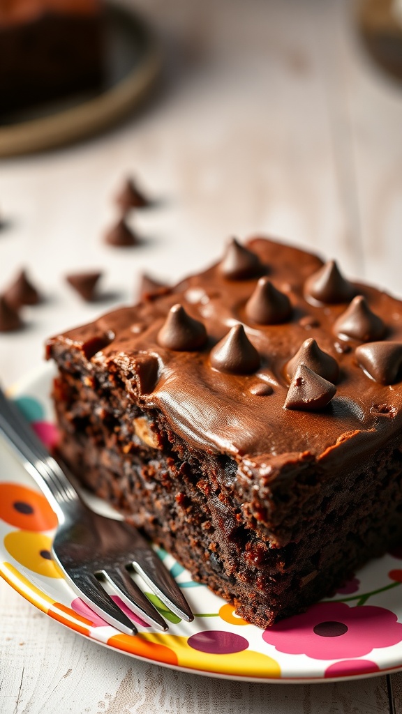 A slice of chocolate chip Passover cake on a colorful plate with a fork beside it.