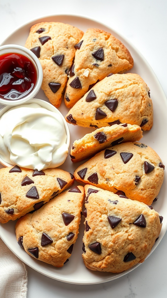 Plate of freshly baked chocolate chip scones with chocolate chips, served with whipped cream and jam