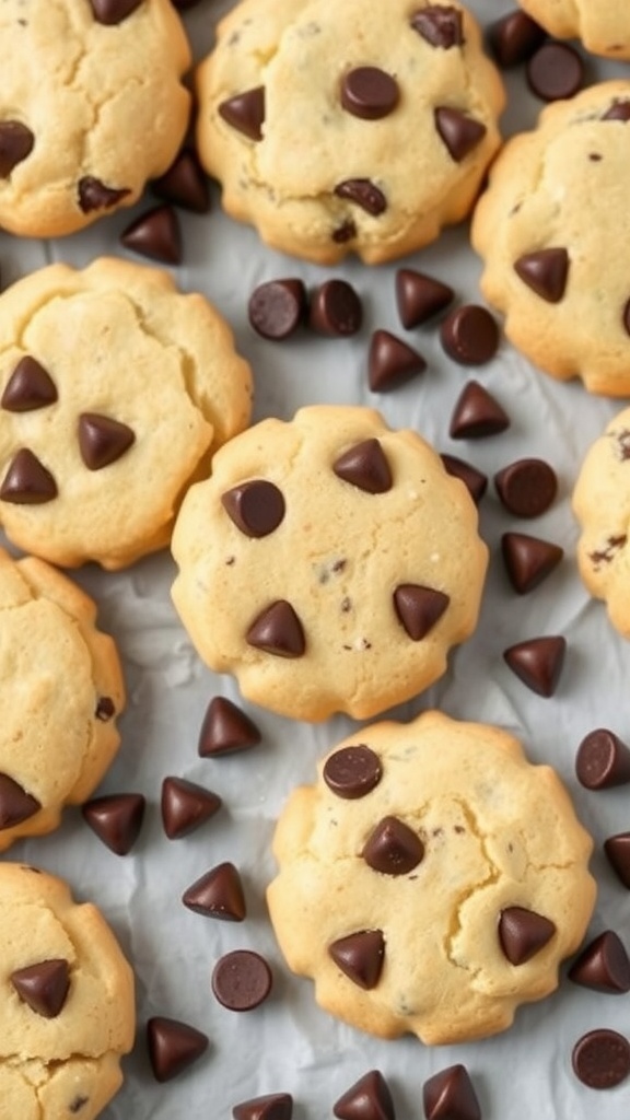 A close-up of chocolate chip shortbread cookies scattered with chocolate chips.