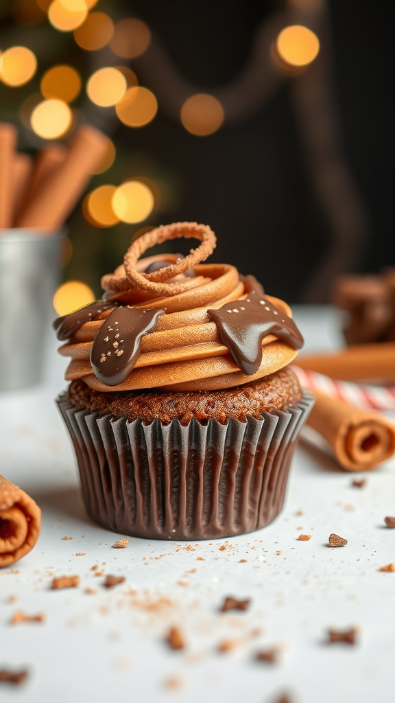 Chocolate churro cupcake with caramel frosting and cinnamon sugar curls