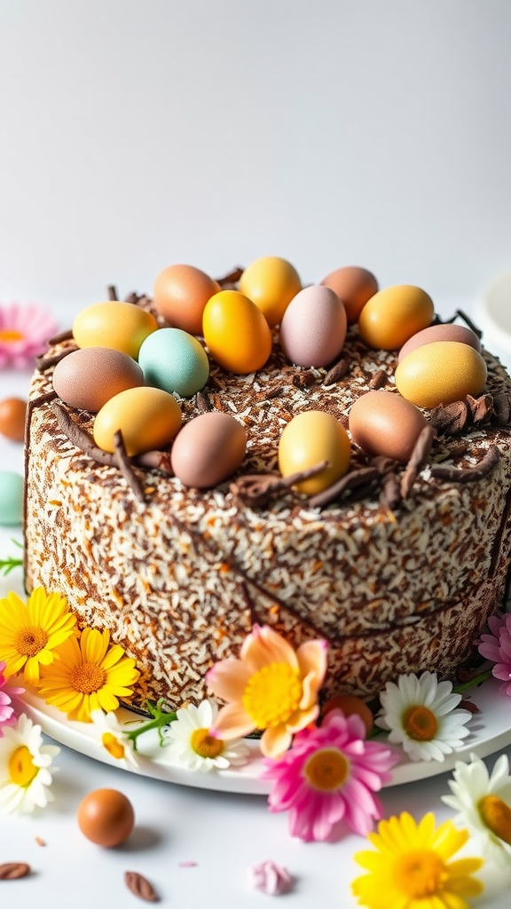 A beautifully decorated chocolate coconut cake with colored eggs and flowers.
