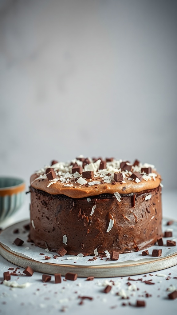 Chocolate coconut cake topped with chocolate chunks and coconut flakes