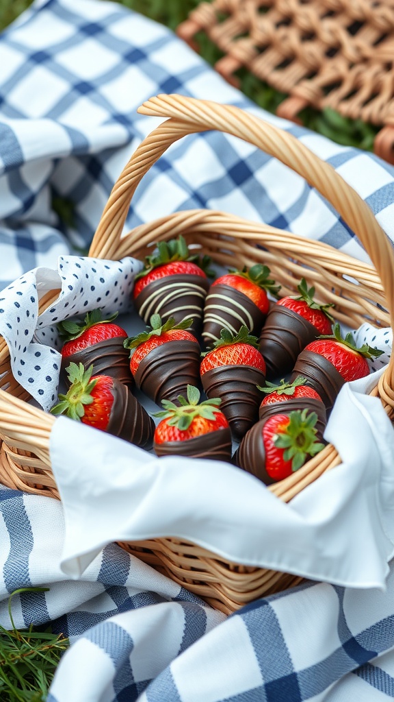 A basket filled with chocolate dipped strawberries on a picnic blanket.