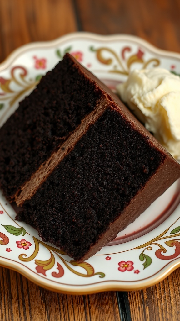A slice of chocolate fudge cake on a decorative plate with a scoop of ice cream