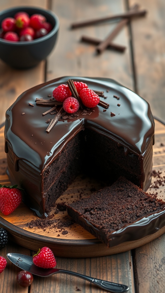 A rich chocolate fudge cake topped with chocolate ganache, raspberries, and chocolate shavings, with a slice removed
