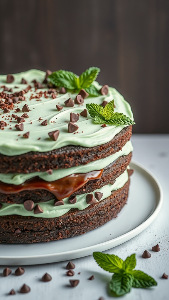 A layered chocolate mint chip cake with mint frosting, chocolate chips, and fresh mint leaves on a plate.