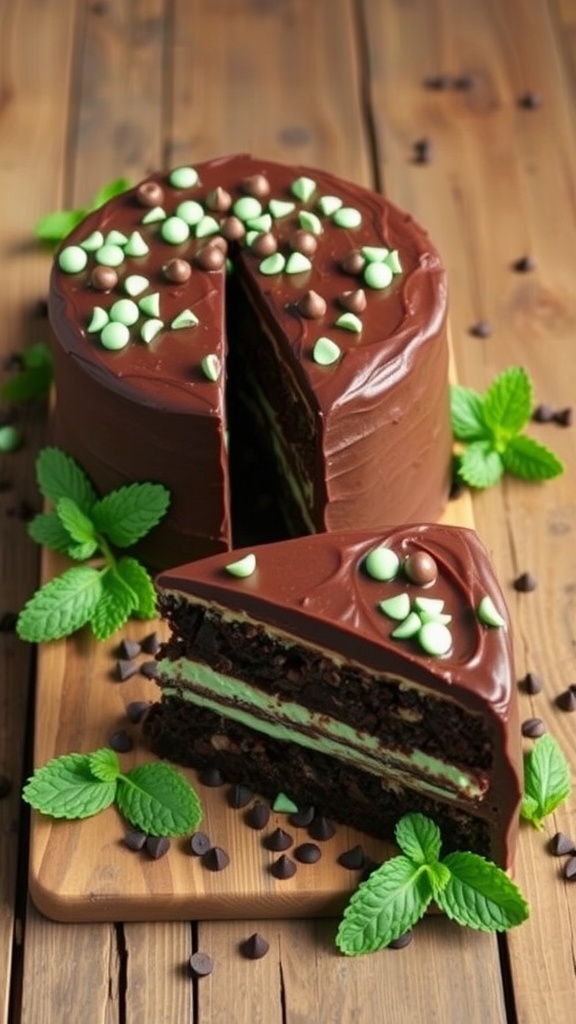 A chocolate mint chip cake with layers of chocolate and mint filling, topped with chocolate ganache and mint garnish.