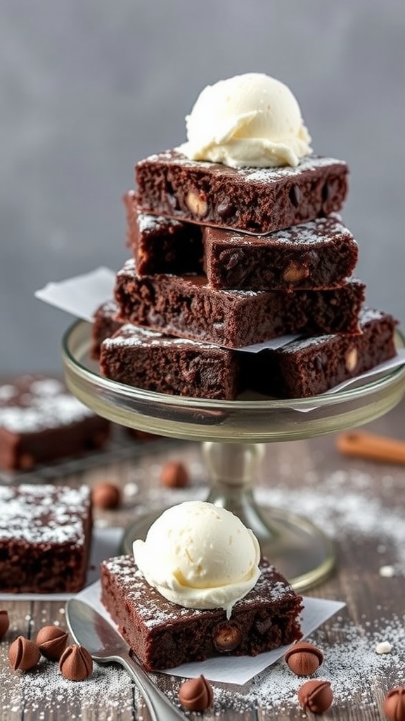 A stack of chocolate mole brownies with a scoop of vanilla ice cream on top, dusted with powdered sugar.