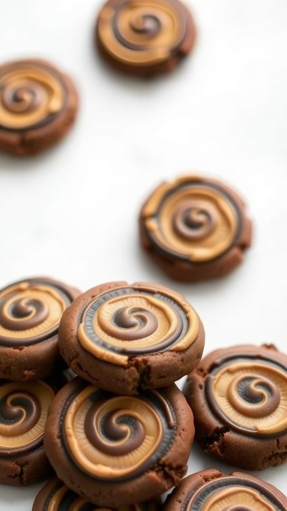 A close-up view of chocolate peanut butter cookies with a swirl pattern on top, resting on a light surface.