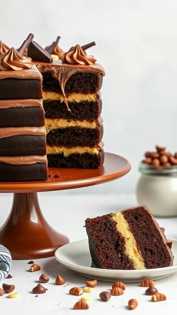 A delicious Chocolate Peanut Butter Layer Cake with layers of chocolate and peanut butter filling, garnished with chocolate curls.