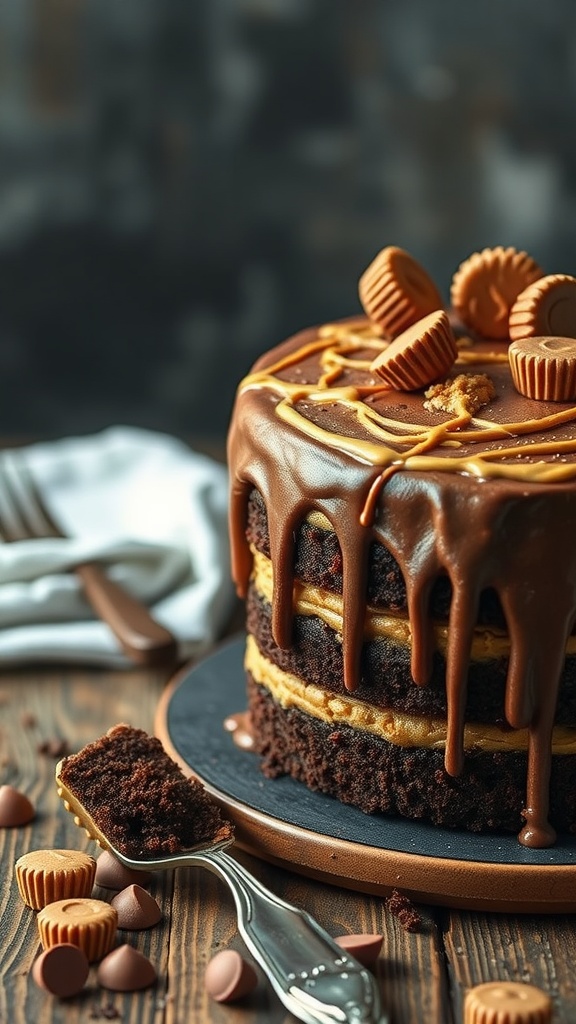 Chocolate Peanut Butter Layer Cake with drizzled ganache and mini peanut butter cups